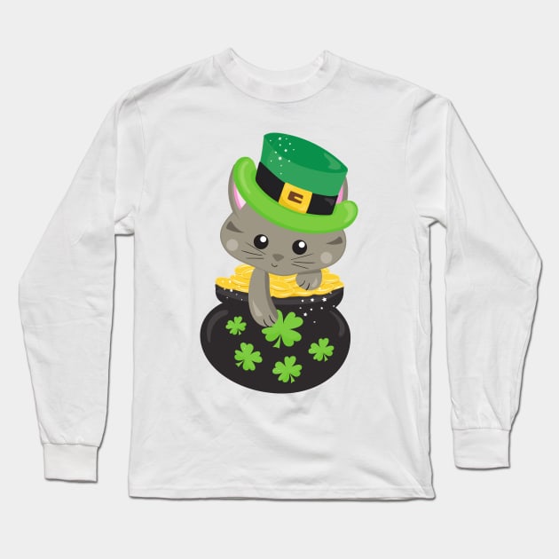 Saint Patrick's Day Cat, Clovers, Pot Of Gold Long Sleeve T-Shirt by Jelena Dunčević